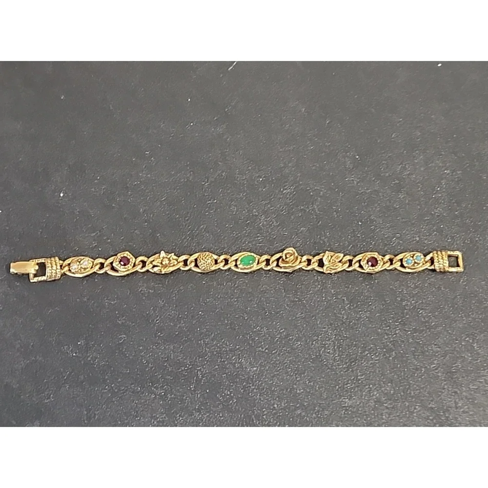 Vintage Goldette NY Gold Tone Charm Bracelet Faux Gem Victorian Revival Signed